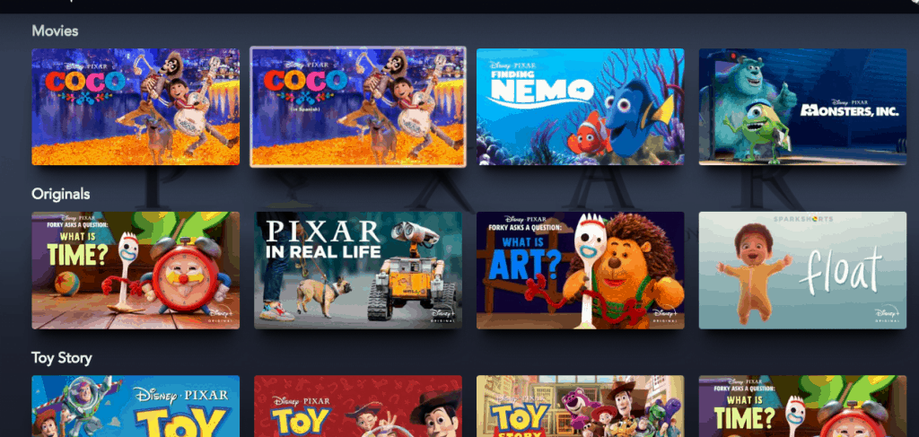 Pixar movie and short options on Disney+