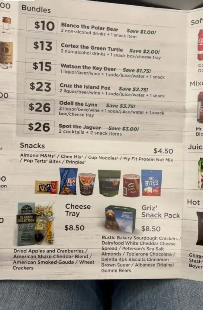 snacks are available at an additional cost on Frontier Airlines, snack menu