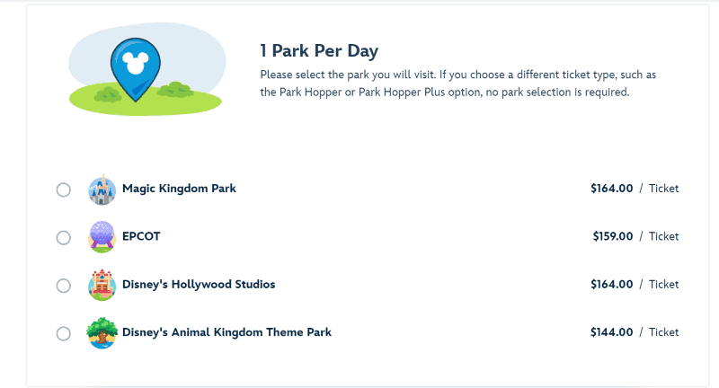 one park per day single ticket disney world