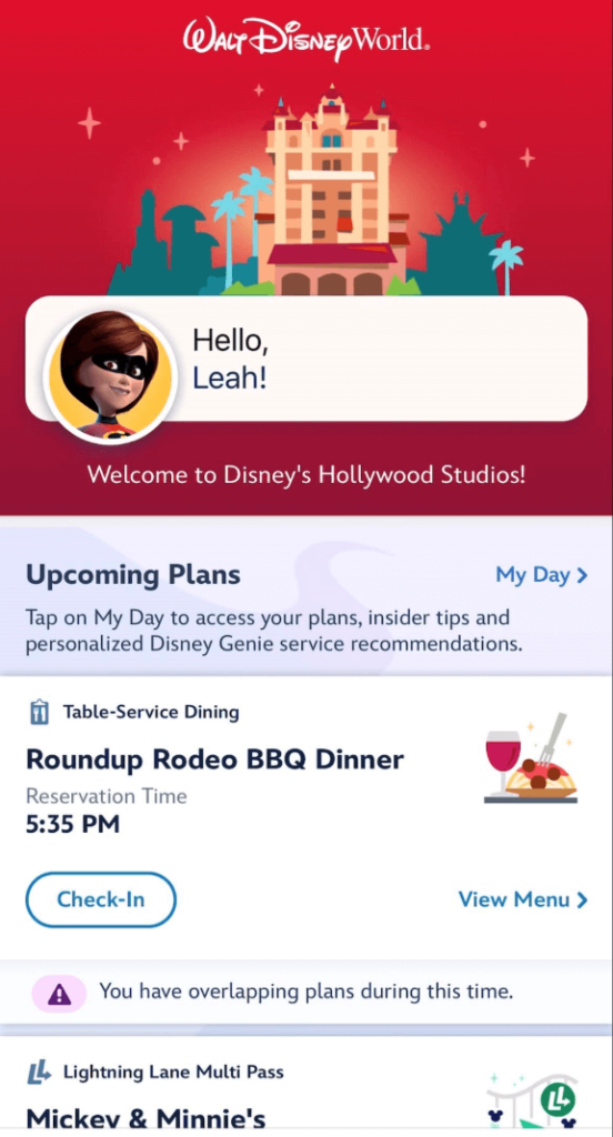 first screen on my disney experience for checkin to dining reservation