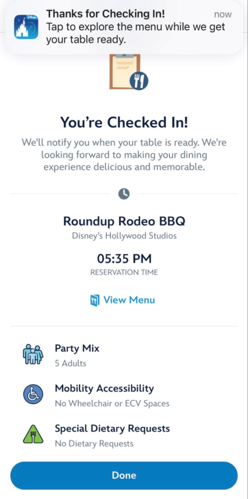 fourth screen on my disney experience for checkin to dining reservation