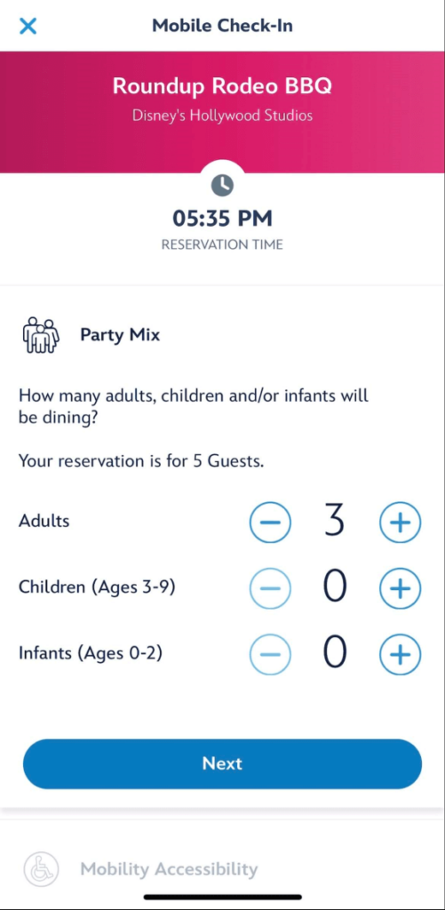 second screen on my disney experience for checkin to dining reservation