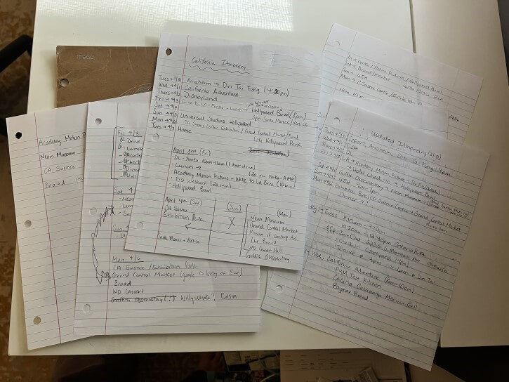 paper and pencil brainstorm at start of los angeles trip itinerary