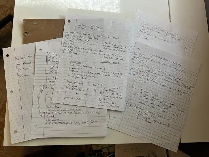 paper and pencil brainstorm at start of los angeles trip itinerary