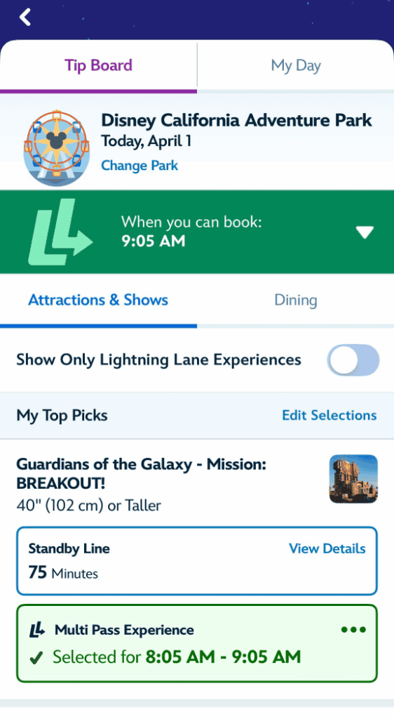 lightning lane screenshot california adventure