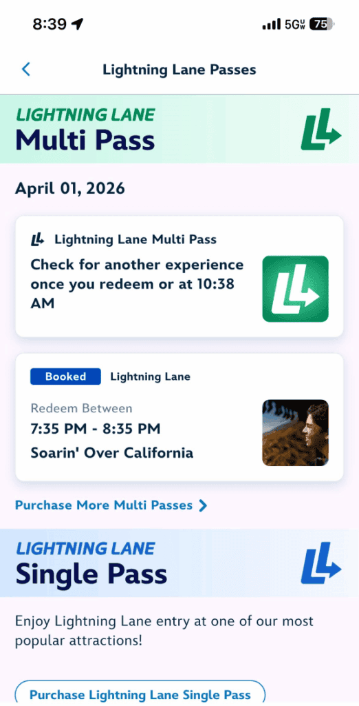 screenshot of lightning lane at disney california adventure