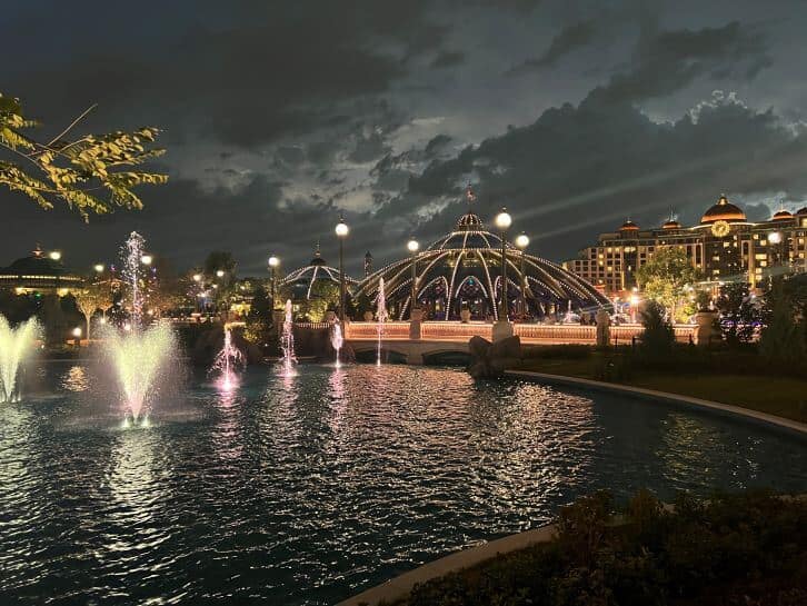 view of epic universe at night