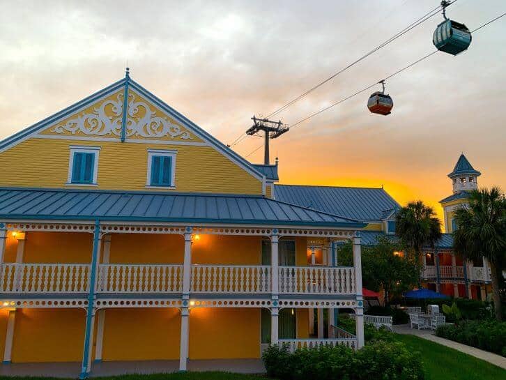 view of sunrise and skyliner at disneys caribbean beach resort